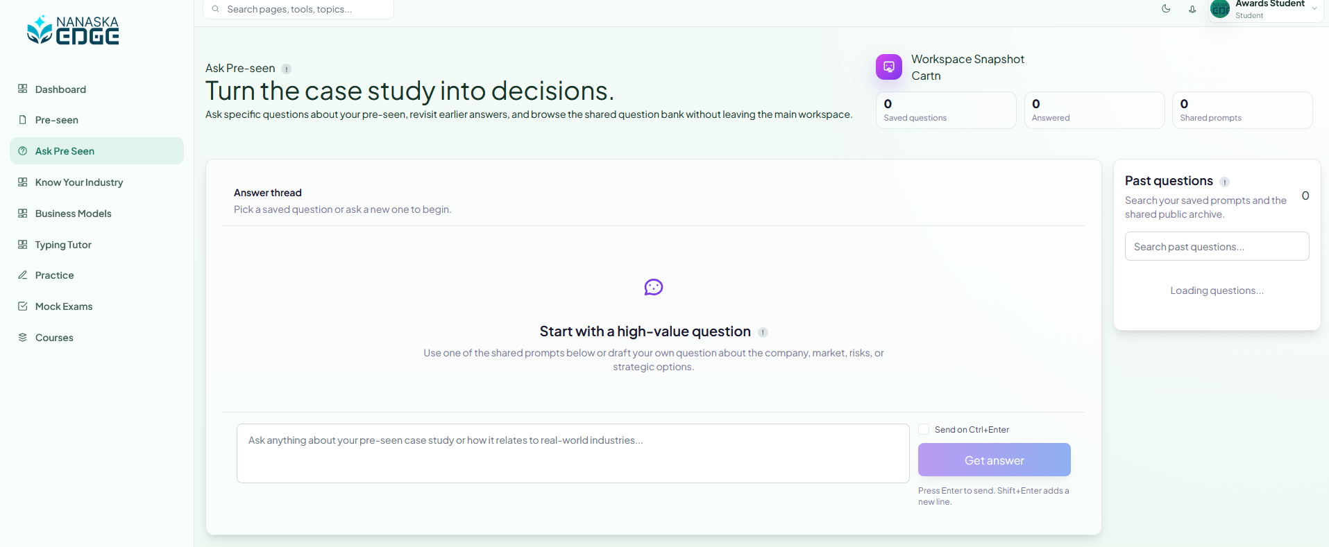 Ask Pre-seen workspace with question box, answer thread, workspace statistics, and past questions