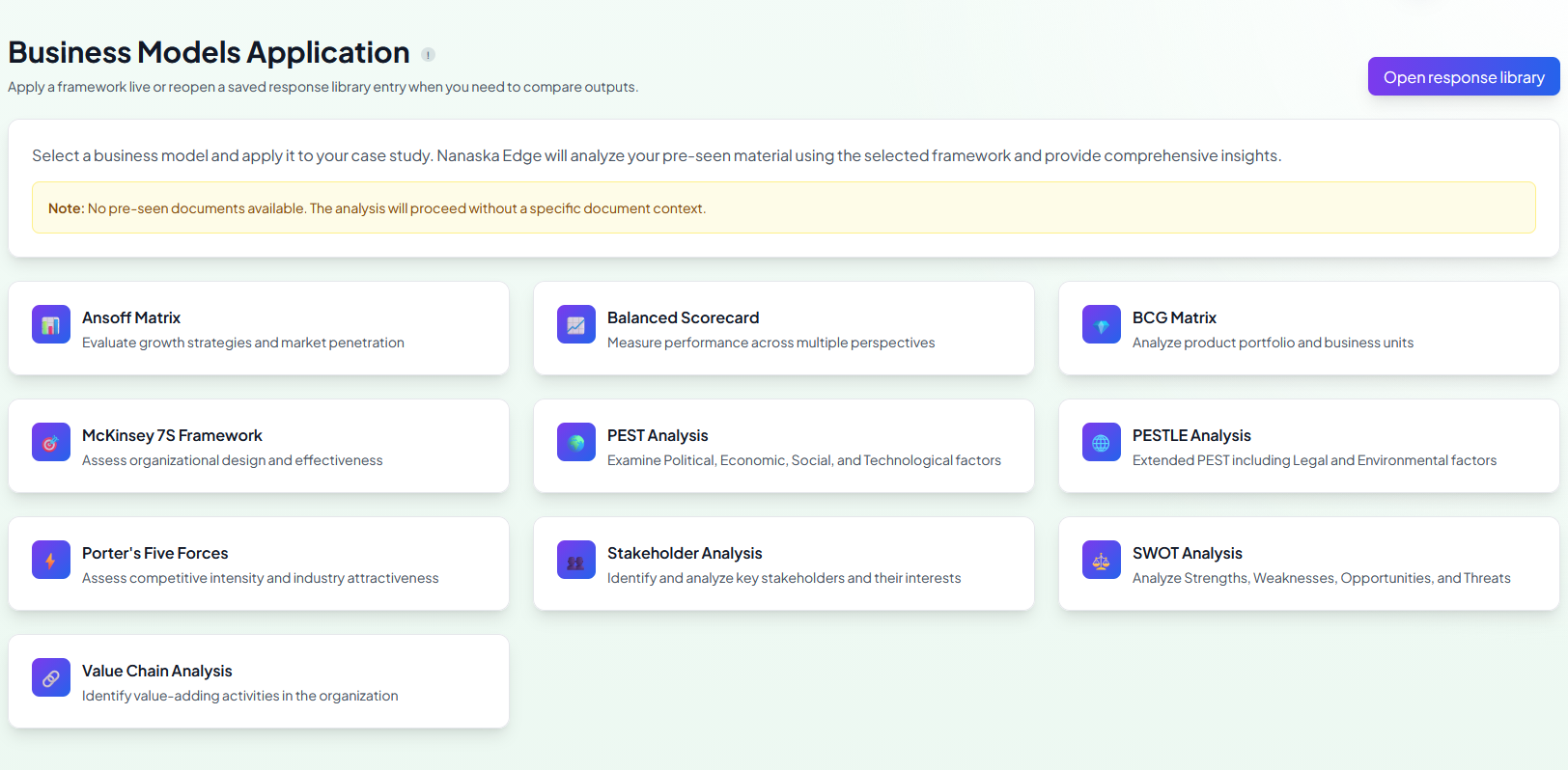 Business Models Application showing ten frameworks available for case analysis