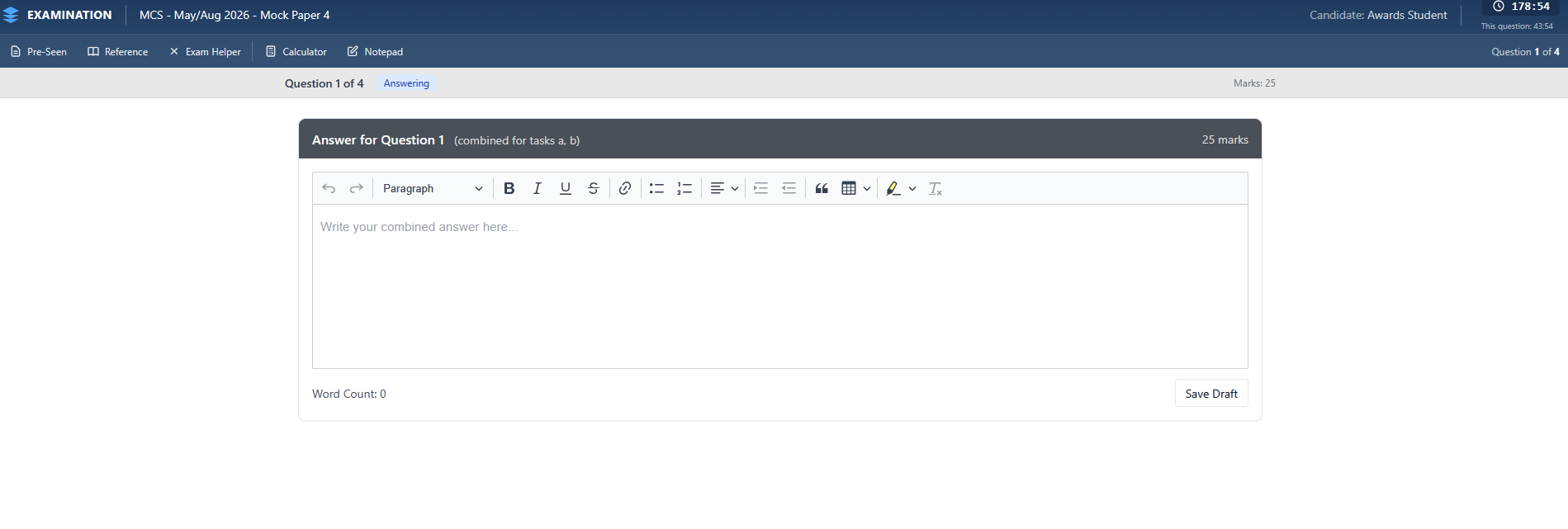 Mock examination answer editor with formatting toolbar, combined task response area, word count, and Save Draft button