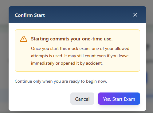 Confirm Start dialog warning that beginning a mock exam commits the current attempt