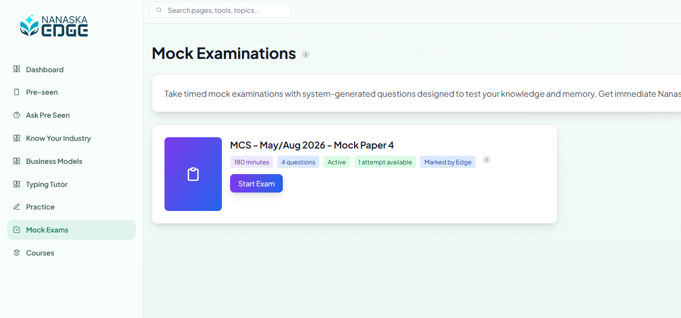 Mock Examinations page showing an active 180-minute mock paper with four questions, one available attempt, and Edge marking