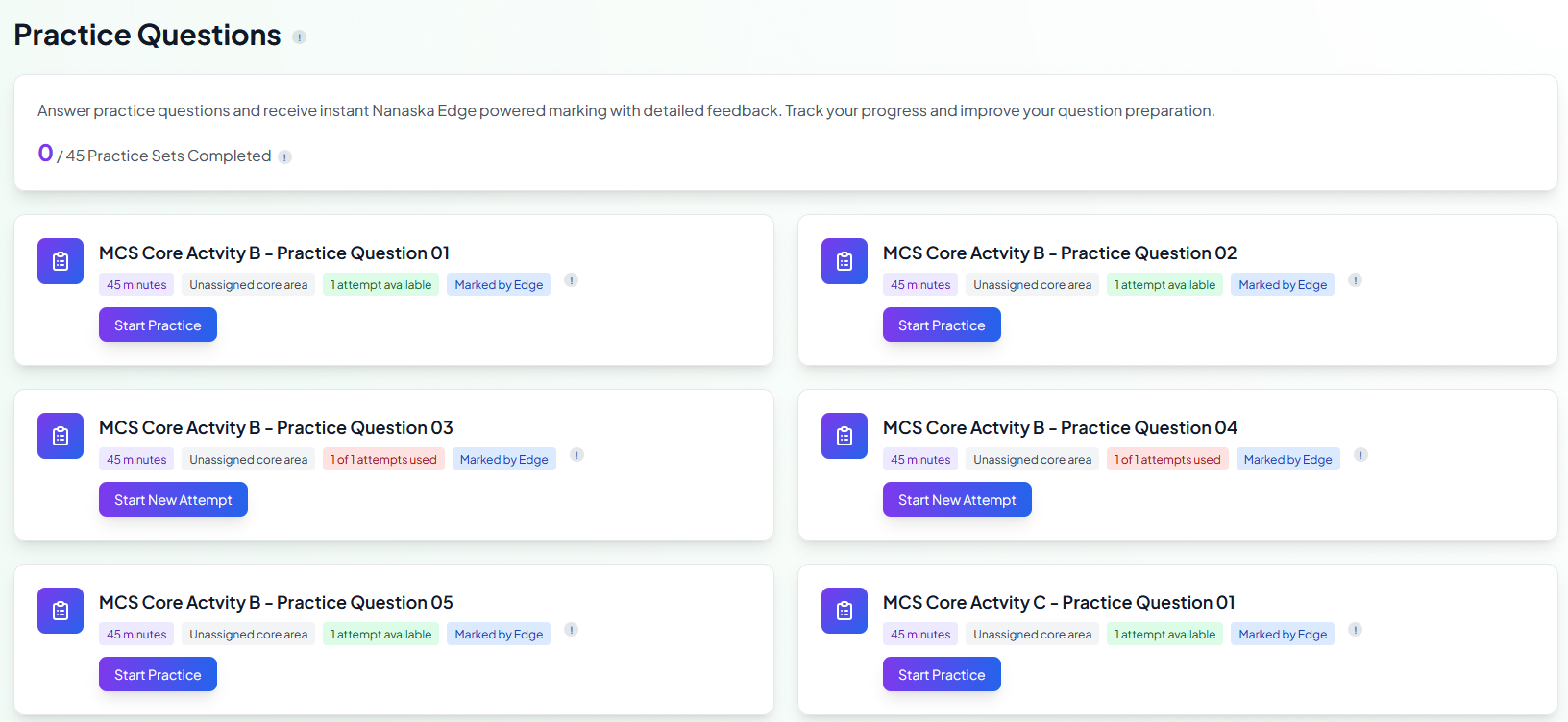 Practice Questions page showing completion progress, timed question sets, attempt availability, and Edge marking
