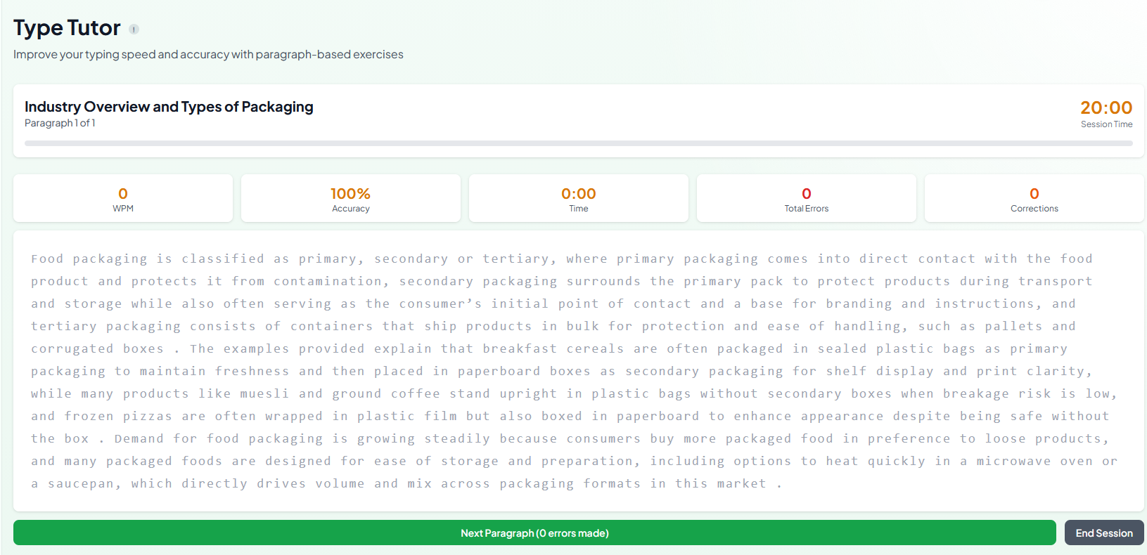 Live Typing Tutor exercise with paragraph text, session timer, WPM, accuracy, errors, and corrections
