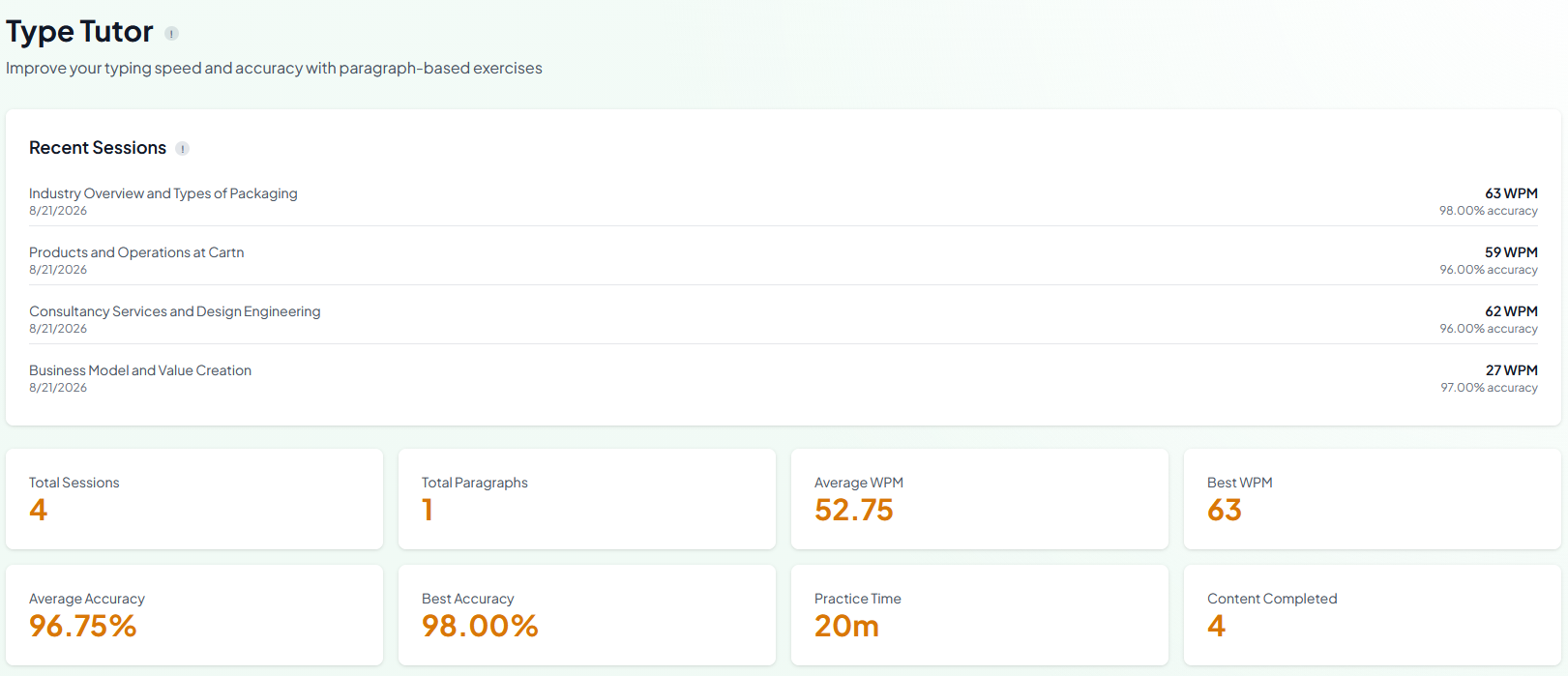 Typing Tutor recent sessions and summary statistics for speed, accuracy, time, and completed content