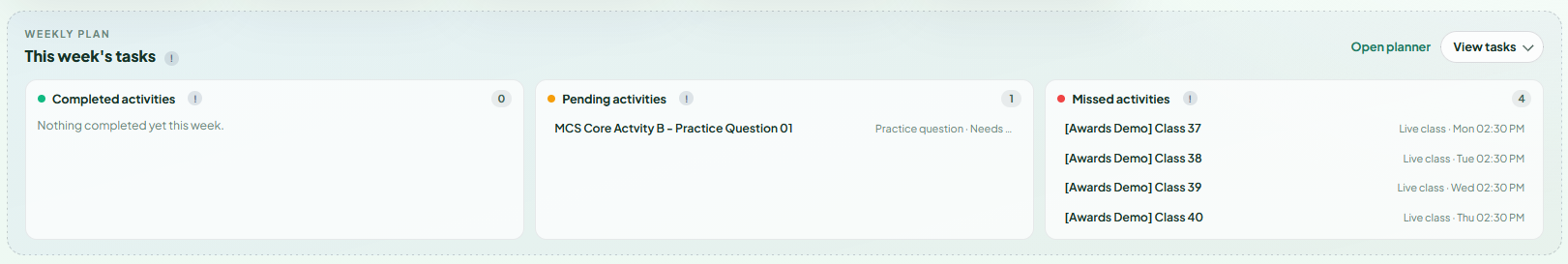 Weekly plan showing completed, pending, and missed student activities